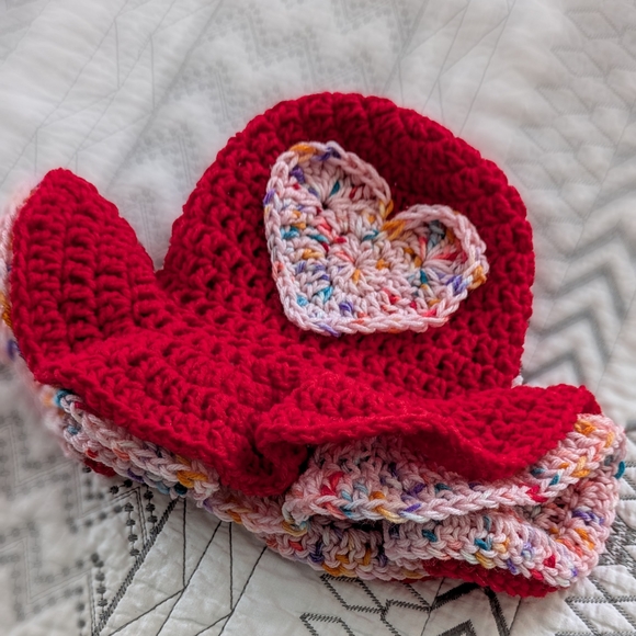 Handmade Red and Pink Crochet Ruffle Hat - Picture 5 of 6